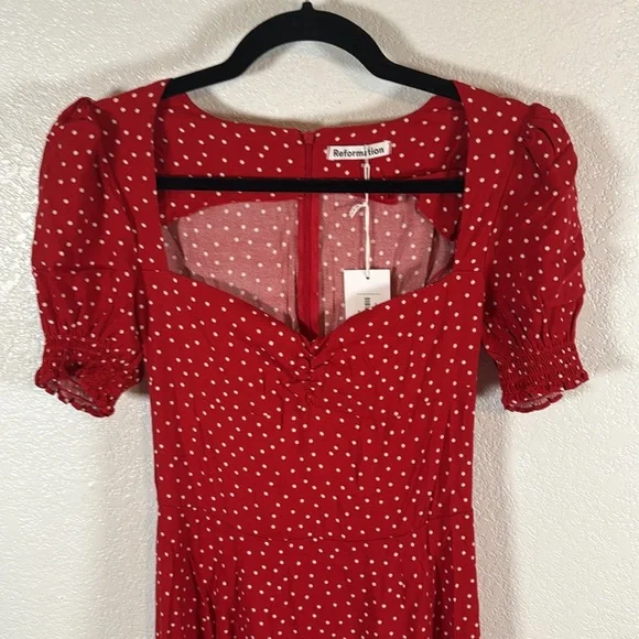 Reformation Red Lacey Ditty Polka Dot Midi to Maxi Milkmaid Dress Size 4 NWT - Picture 2 of 9